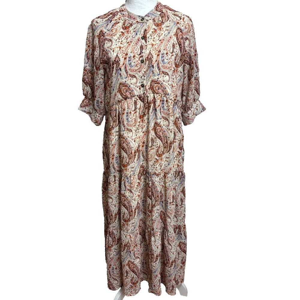 Polagram Maxi Dress Cream Paisley Tiered Boho‎ Peasant Cottage Modest Church M